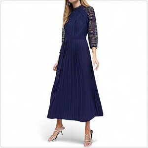 Little Mistress Navy Blue High Neck Lace Bodice Pleated Skirt Midi Dress NWT 6